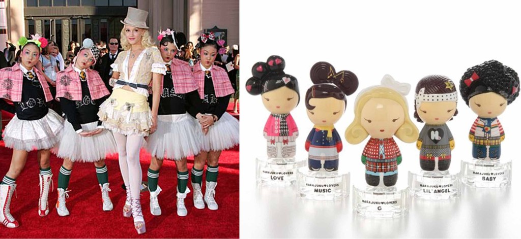 Gwen Stefani and her Harajuku Girls (left) and Stefani’s product merchandise inspired by the Harajuku Girls